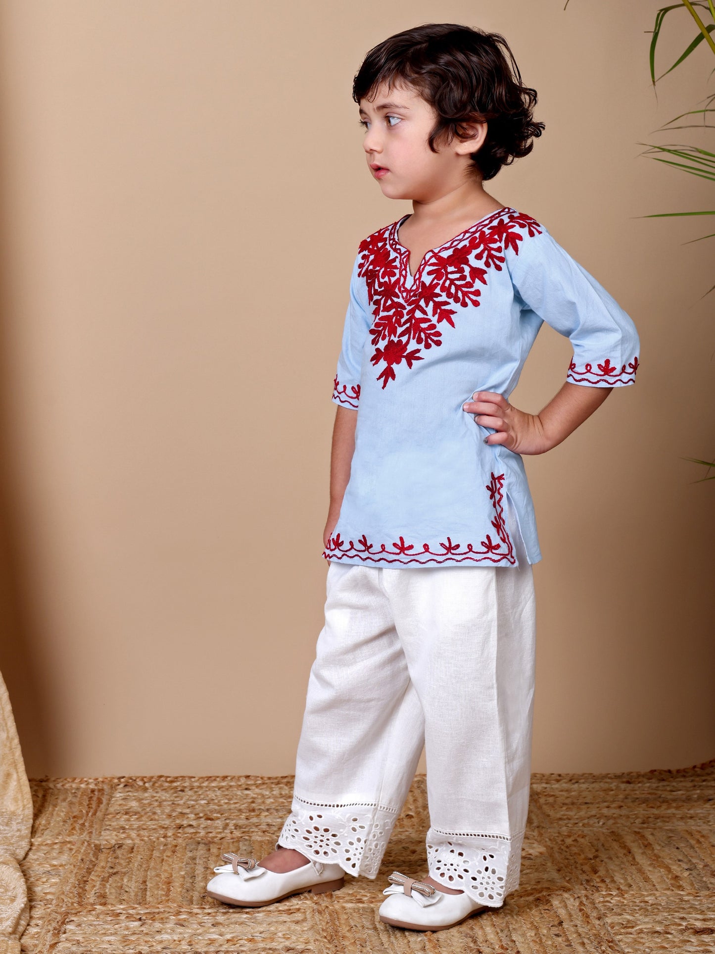 Sky Blue- Maroon Kashida Embroidered Kurta