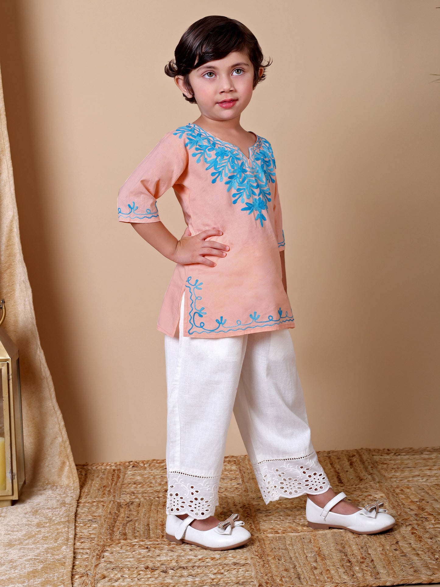 Peach-Blue Kashida Embroidered Kurta