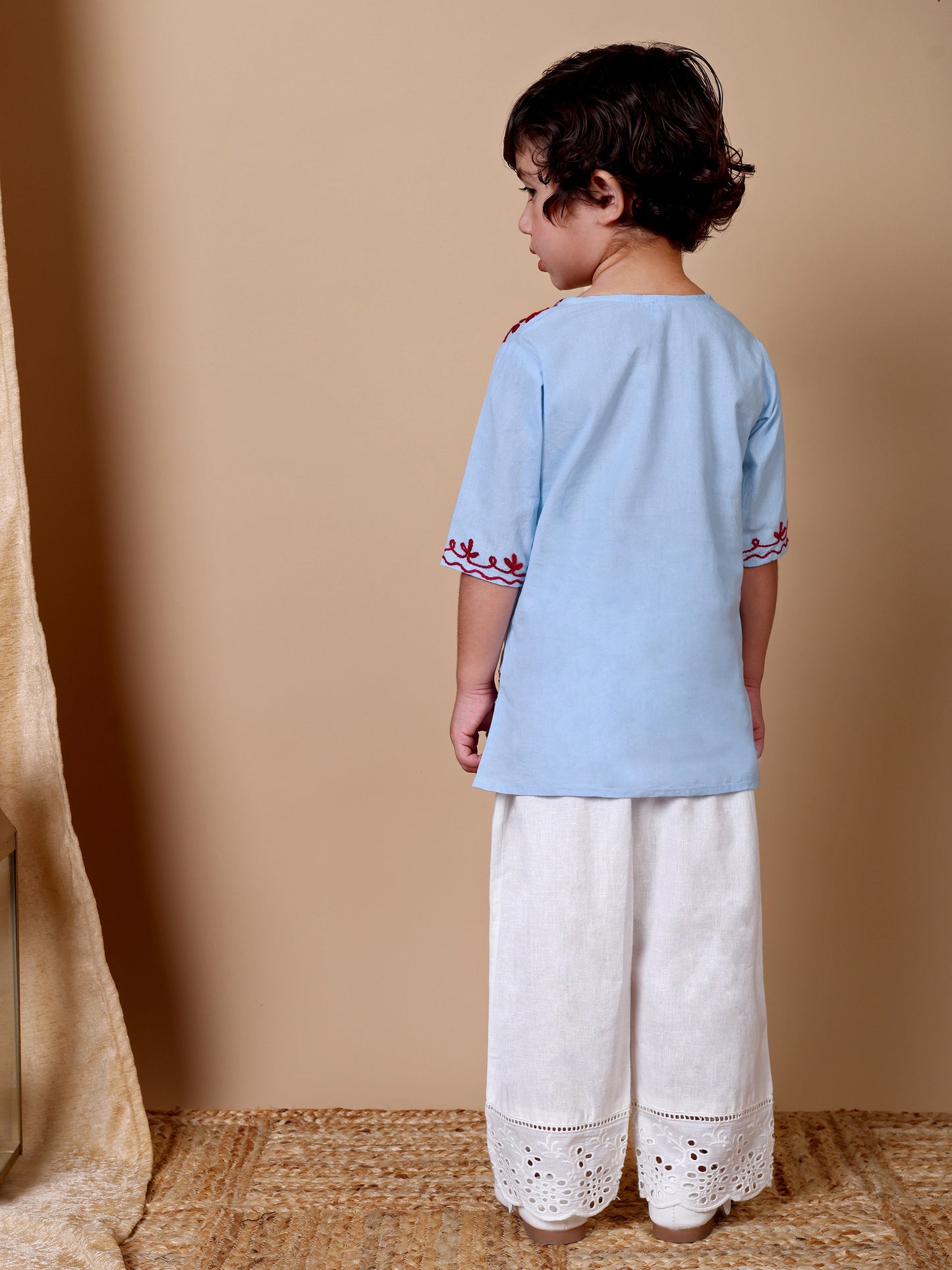 Sky Blue- Maroon Kashida Embroidered Kurta