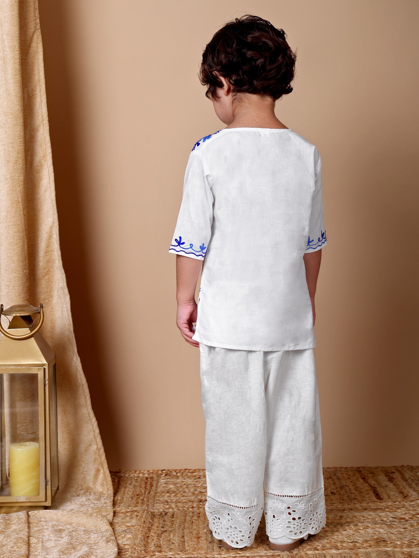 White-Blue Kashida Embroidered Kurta