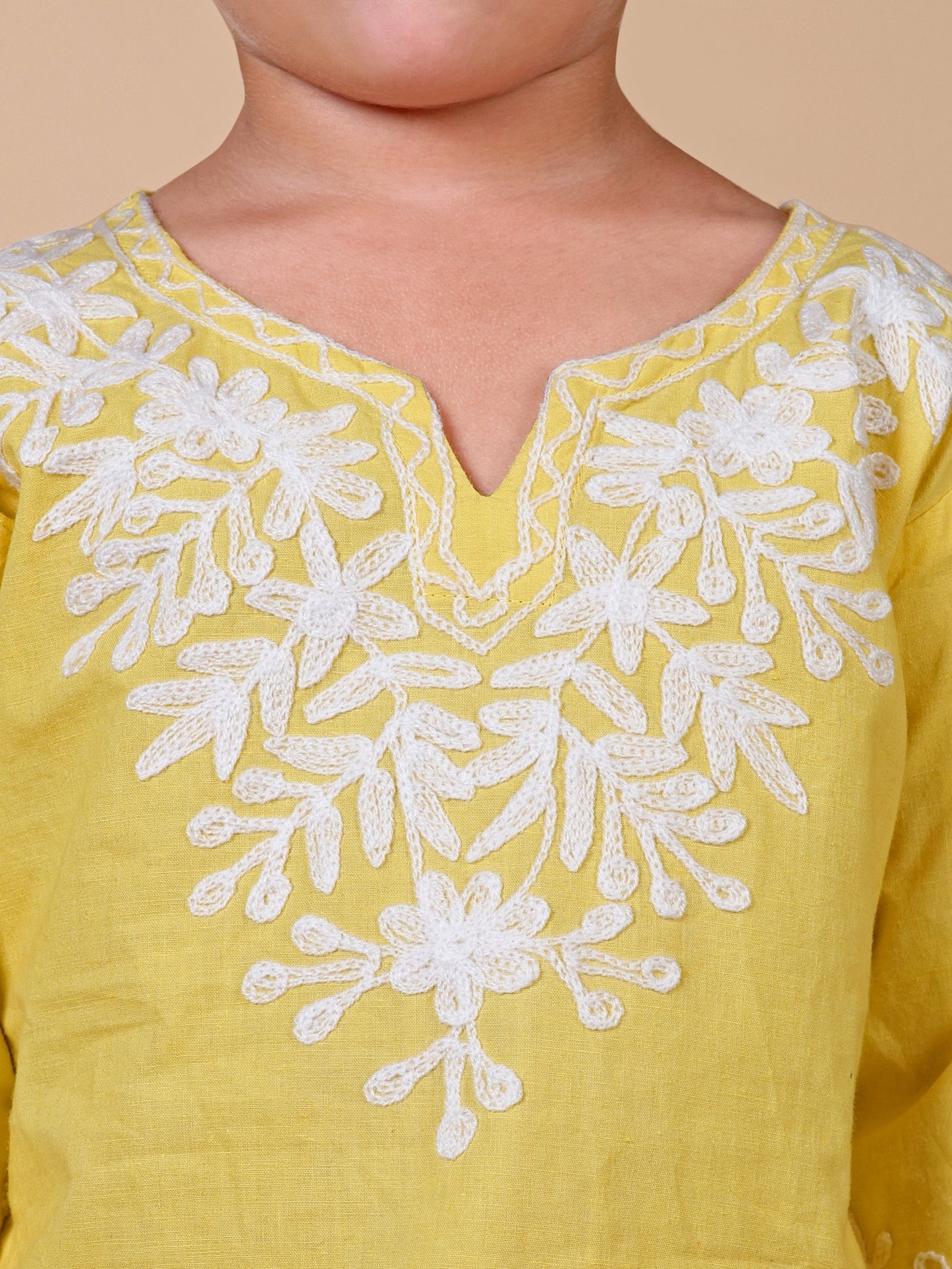 Yellow-White Kashida Embroidered Kurta