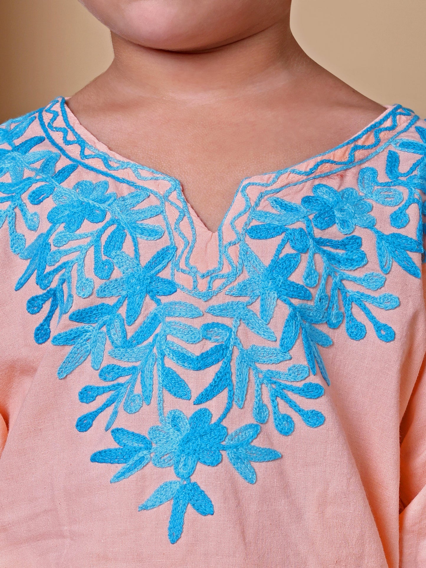 Peach-Blue Kashida Embroidered Kurta