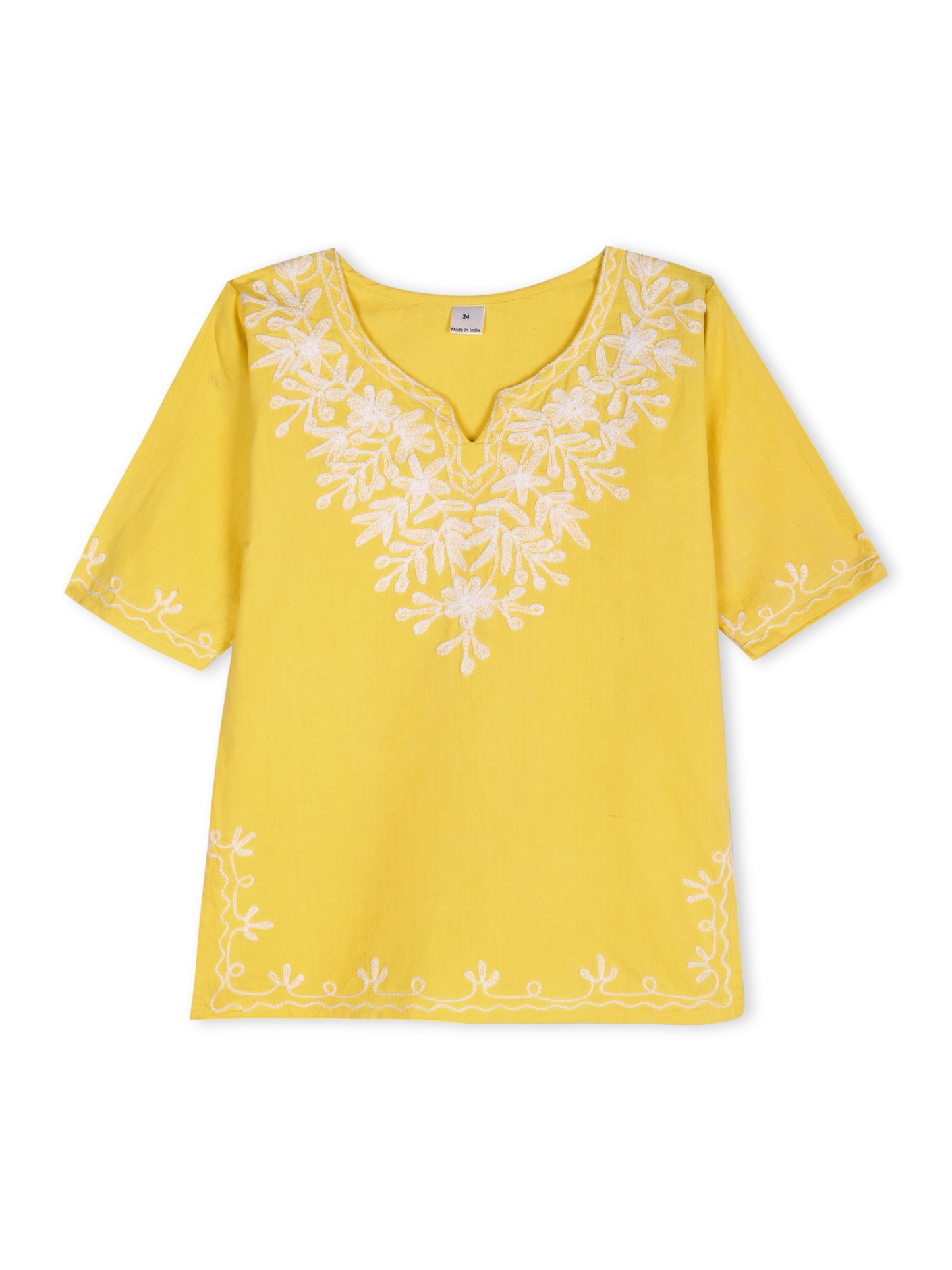 Yellow-White Kashida Embroidered Kurta
