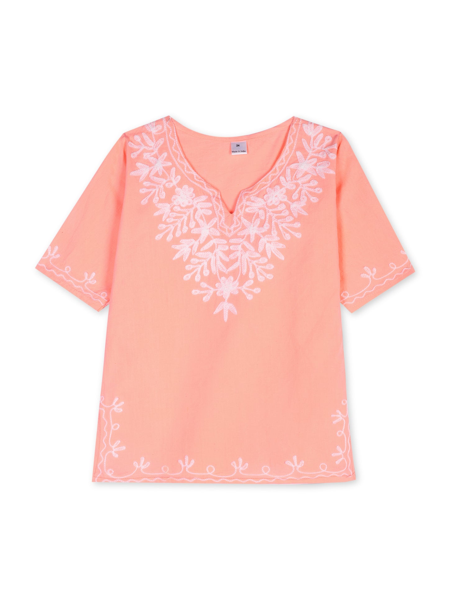 Peach-White Kashida Embroidered Kurta