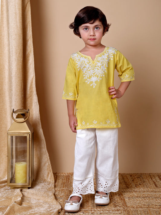 Yellow-White Kashida Embroidered Kurta