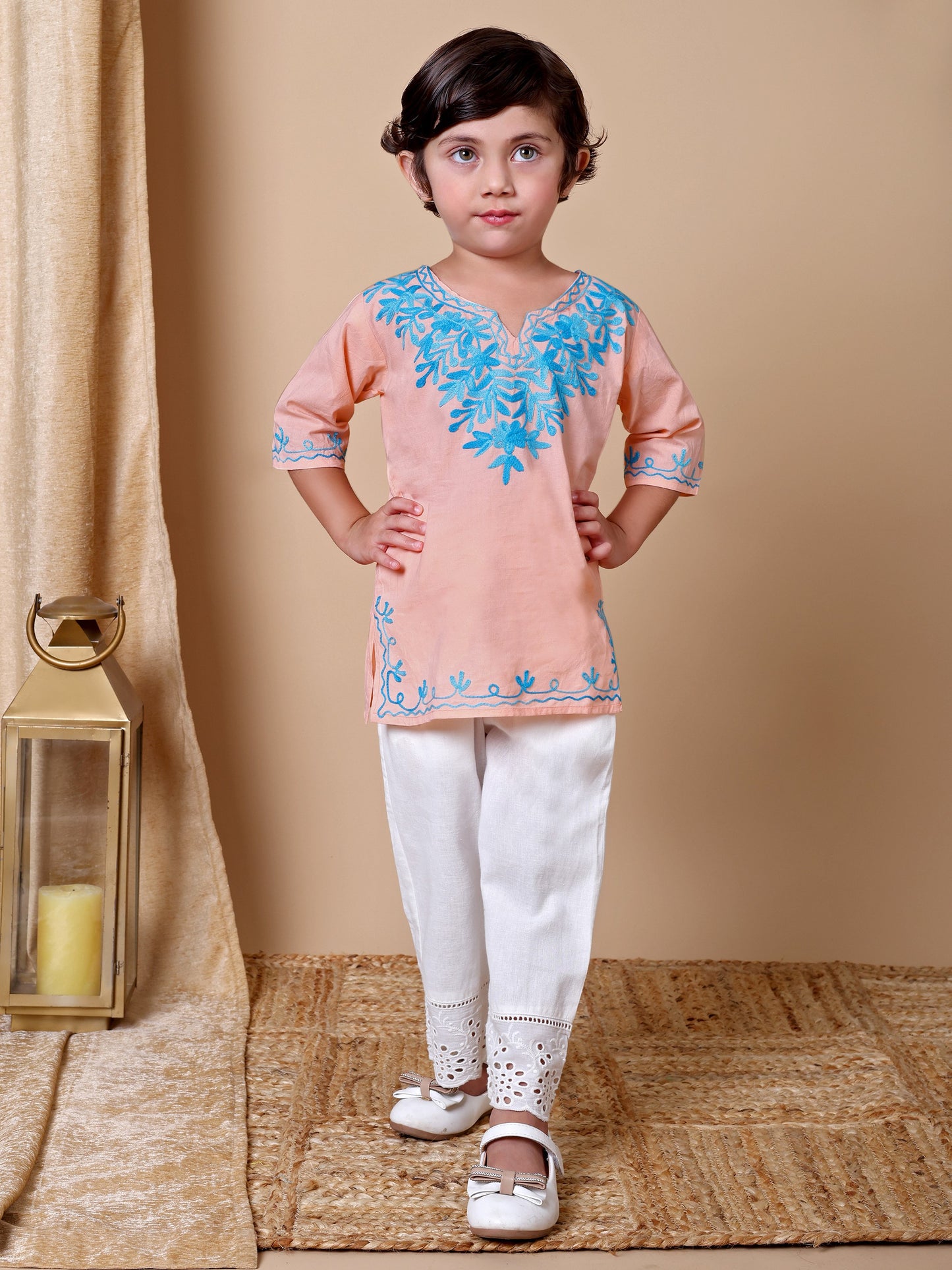 Peach-Blue Kashida Embroidered Kurta