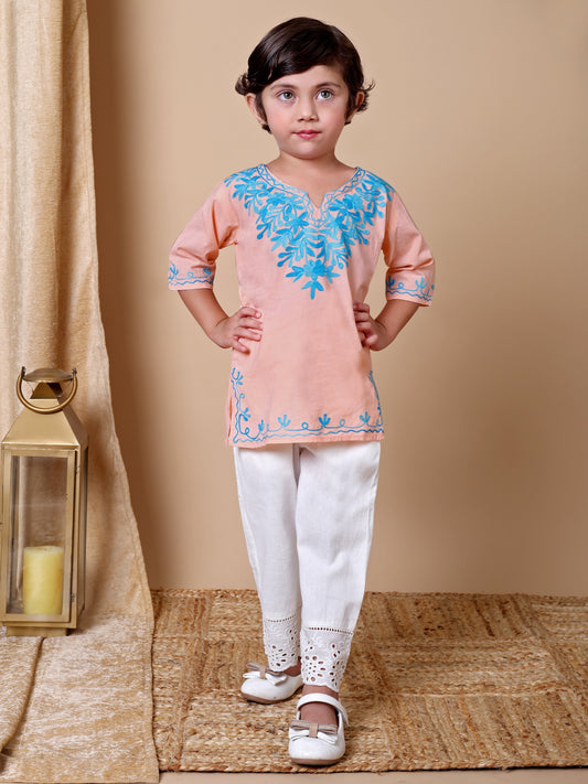 Peach-Blue Kashida Embroidered Kurta