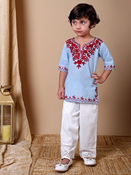 Sky Blue- Maroon Kashida Embroidered Kurta