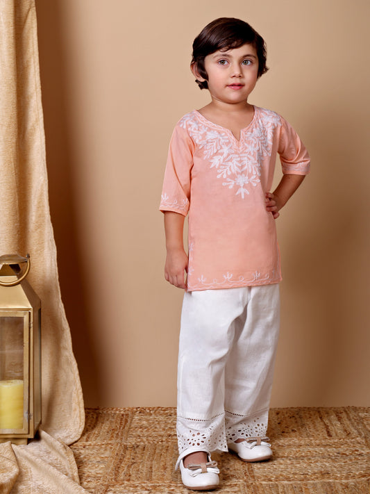 Peach-White Kashida Embroidered Kurta