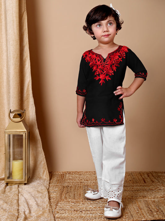 Black-Red Kashida Embroidered Kurta