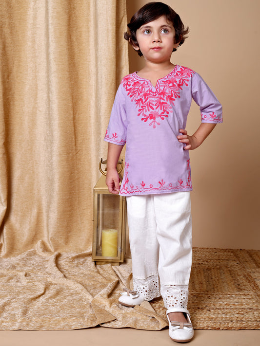 Purple-Pink Kashida Embroidered Kurta