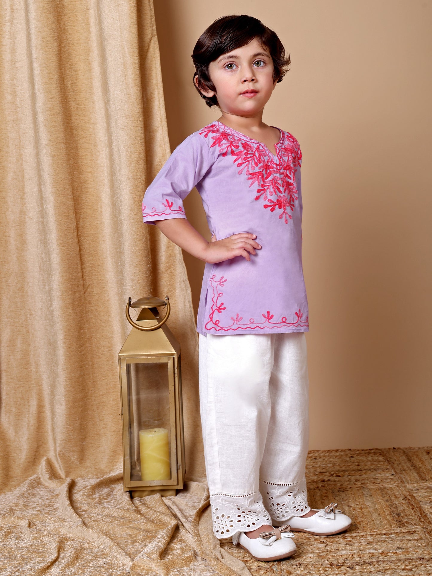 Purple-Pink Kashida Embroidered Kurta