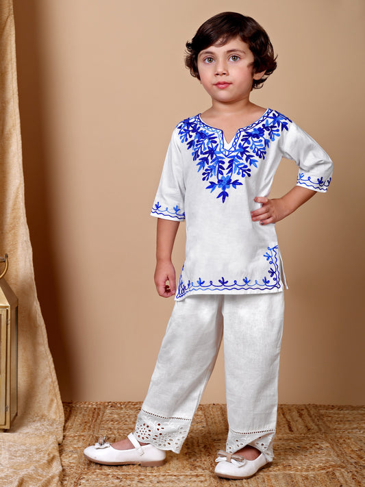 White-Blue Kashida Embroidered Kurta