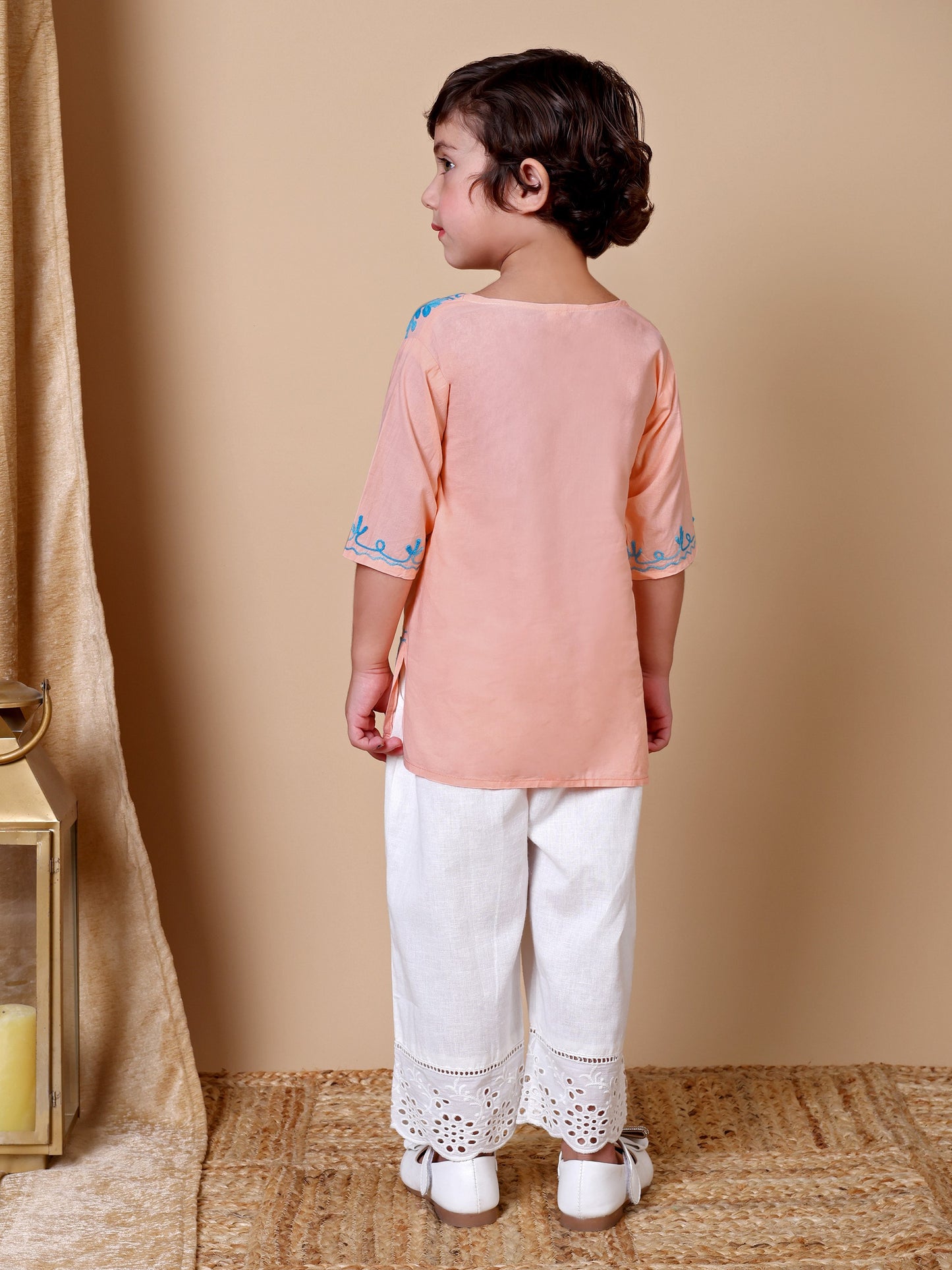 Peach-Blue Kashida Embroidered Kurta