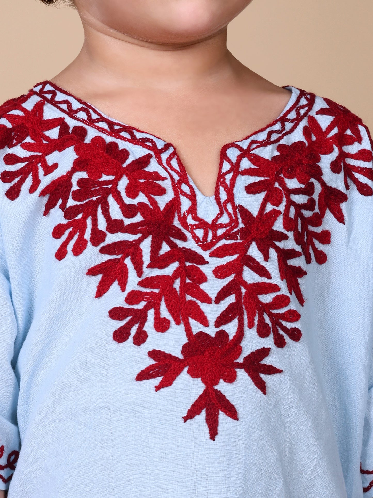 Sky Blue- Maroon Kashida Embroidered Kurta